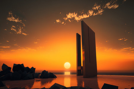 At Playa del Cura, a monument to the victims of COVID stands against an orange sunsetの素材