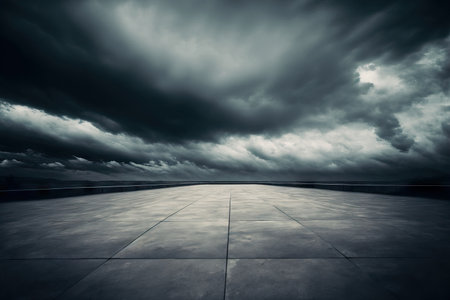 Background of Dramatic Gray Sky Clouds and Dark Concrete Floorの素材