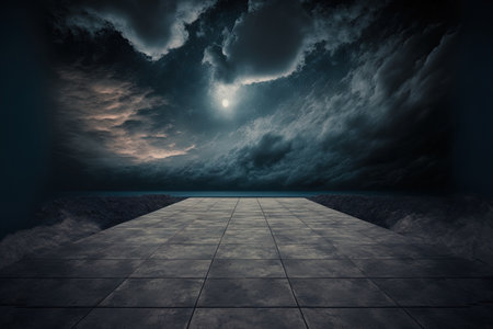 Background of a dark concrete floor, a picturesque night sky, and dramatic cloudsの素材