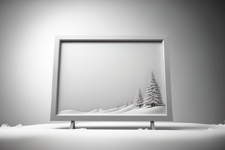 Christmas themed snowscape drawing with a white display boardの素材