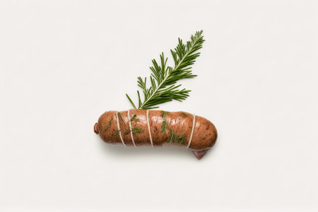 Sausage stuffed with herbs and grilled to perfection. Standing alone against a blank white screenの素材