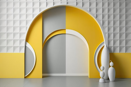 Interior with yellow arcs and wall panel. illustration mockupの素材