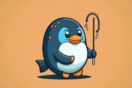 Cute penguin cartoon icon artwork of an animal with a fishing rod in isolationの素材