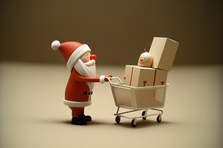 Santa Claus snowman being pulled by a gift laden shopping cartの素材