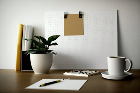 Copy space office desk with document file, coffee and peg board with pencil on tableの素材