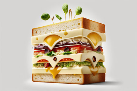 On a white background, a club sandwich topped with cheese and a party. A sandwich is made using white bread. Close upの素材