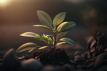 Photo of a young plant taken in the morningの素材