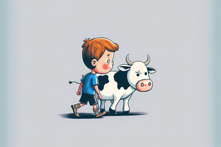 Cute child walking a cow in a cartoon image of a symbol for humans and animals, flatの素材