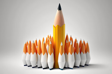 Pencils shaped like a rocket on a white background, symbolizing innovation, creativity, and commercial rivalryの素材