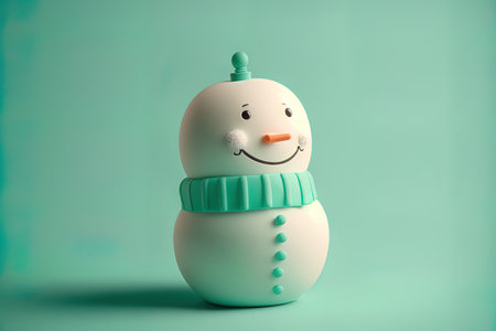 Toy snowman with a smile against a mint colored backgroundの素材