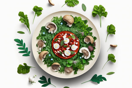 top view of a heated salad with mushrooms and arugulaの素材