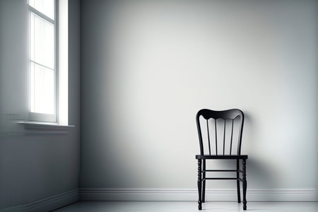 A chair is in the room with a blank white wall backgroundの素材