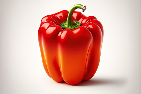 Bell pepper, red and delicious, isolated on a white background. looking up. Lay flatの素材