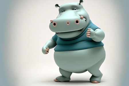 Cartoon hippopotamus figure dancing on a white backdropの素材
