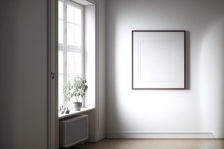 A modern, light filled room with an empty frameの素材