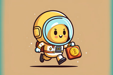 Cartoon symbol of a cute astronaut carrying a gold coin and a bag for business useの素材