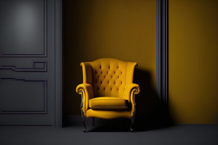 A yellow armchair is in the room against a background of an empty, dark wallの素材