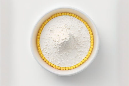 Corn starch dish with top view, isolated on whiteの素材