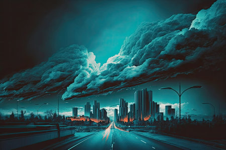 Dark clouds looming over the city. A calm moment before the stormの素材
