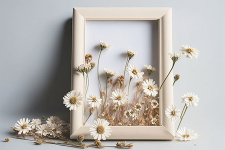 Empty picture frame with beautiful bouquet of dry daisiesの素材