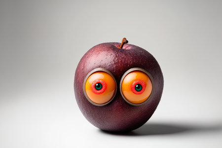 Goofy eyes and a plum face on a white backdropの素材