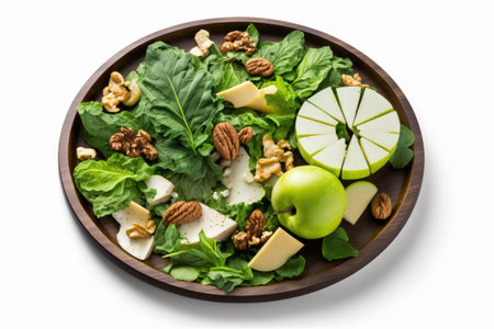 Green salad with apple and nuts on a white background to promote healthy eatingの素材