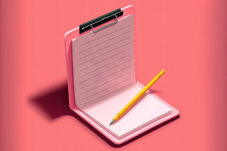 Illustration of a clipboard and pencil with a notepad icon on a pink backdropの素材