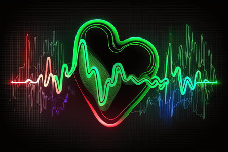 Illustration of a neon heartbeat pulse in a green lightの素材