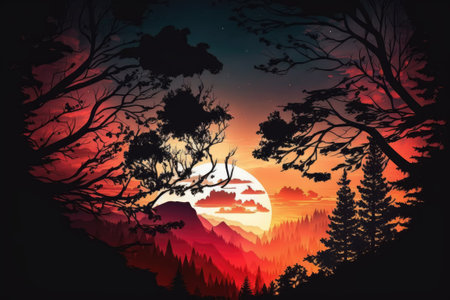 From above, a dramatic sunset casts its hues over a forest hillscapeの素材