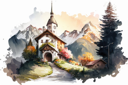 Environment typical of the Alps. Image created in watercolorの素材