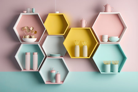 Modern shelves hanging on color wallの素材