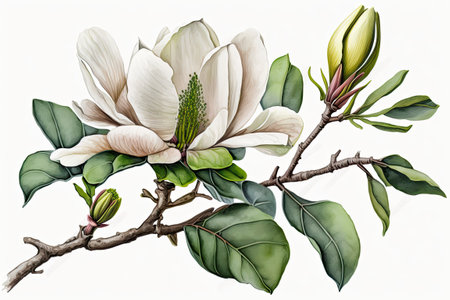Magnolia blossom illustration in format on a white backgroundの素材