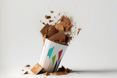 On a white background, various trash is seen falling into a trash canの素材