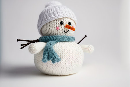 Isolated on a white background, a handmade snowman toy wearing a knit capの素材