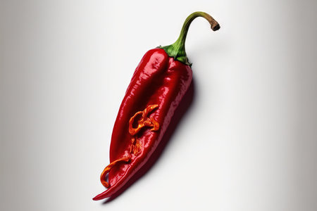On a white background, a red chili pepper is isolated. a top viewの素材