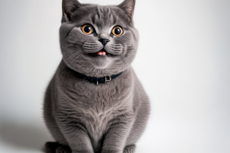 Scottish cat smiling for the camera. solitary on a white backdropの素材