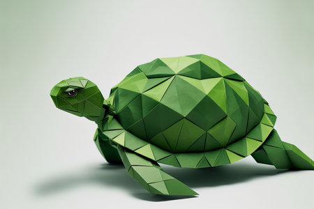 Origami turtle made of green paper, isolated on a white backdropの素材