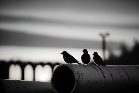 Shot of birds perched on a pipe in grayscaleの素材