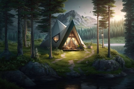 Setting up a tent on a hill in the woodsの素材