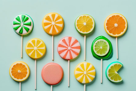On a white background are seven lollipops shaped like watermelons, oranges, lemons, and limes. Minimalist candy snack summer concept with copy space aboveの素材
