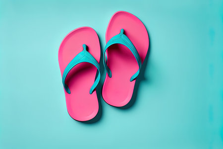 Pink flip flops or beach sandals, isolated on a blue backdrop. notion orの素材