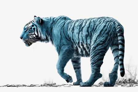 Tiger walking away, seen from the side, isolated on whiteの素材