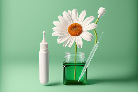 Pipette with a flower and cosmetic product against a green backgroundの素材