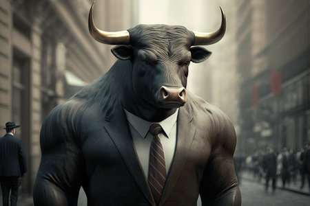 The Wall Street Bull is an iconic symbol of Wall Street, shown as a humanoid bull in a tailored suit. denotes a rising stock market with greater trade and pricingの素材