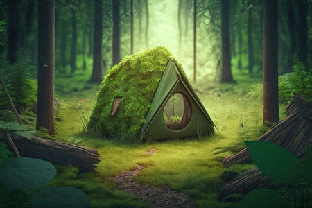 Touristic vacation background, little green tent in the woodsの素材
