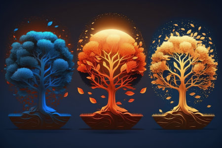 Three stages of tree development in nature, illuminated by a golden sunriseの素材