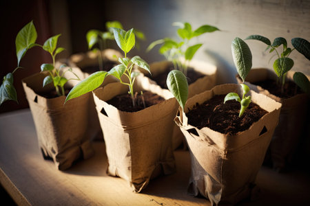 Pictured are sweet pepper seedlings, just emerging from their winter dormancy, growing in rows in cardboard peat pots on a sunny spring windowsillの素材