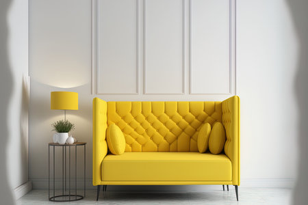 a picture of a living room. The colors of 2021. Yellow sofa close to the white wallの素材