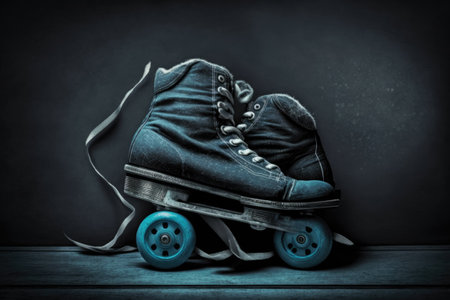 Skates, blue, with a heart drawn on them, and a black chalkboard backgroundの素材