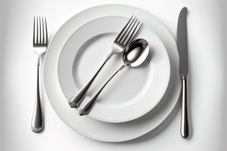 White background with a plate and utensilsの素材